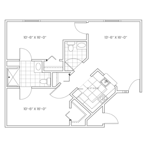 Floor plan for 2 beds, 1.5 baths, 855 sqft
